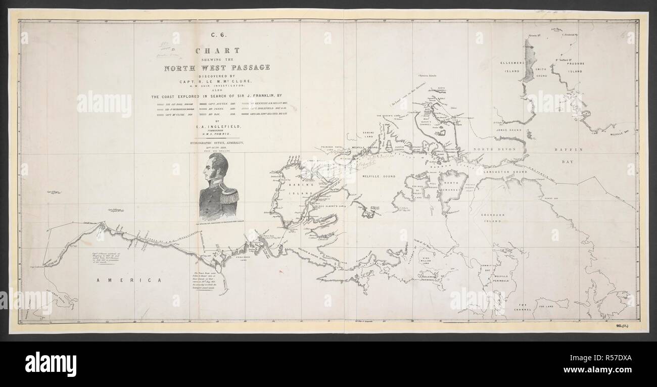 A chart showing the North-West Passage. Chart shewing the North-West Passage discovered by Capt. R. le M. M'Clure ... also tho coast explored in search of Sir J. Franklin, by Sir J. Ross, 1848-49; Sir J. Richardson, 1848-49; Capt. M'Clure, 1850; Capt. Austen, 1850; Mr. Penny, 1850; Mr. Rae, 1851; Mr. Kennedy & M. Bellot, 1852; Capt. Inglefield, 1852-53; Capt. Sir E. Belcher, 1852-53. By E. A. Inglefield. London, 1853. Source: Maps 982.(51.). Language: English. Stock Photo