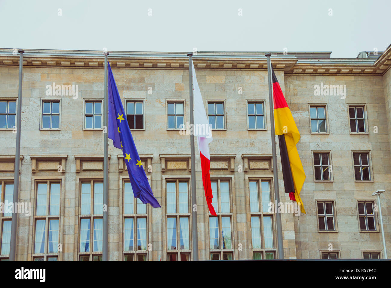 Flags in the main entrance of the Ministry of Finance of Germany Stock Photo