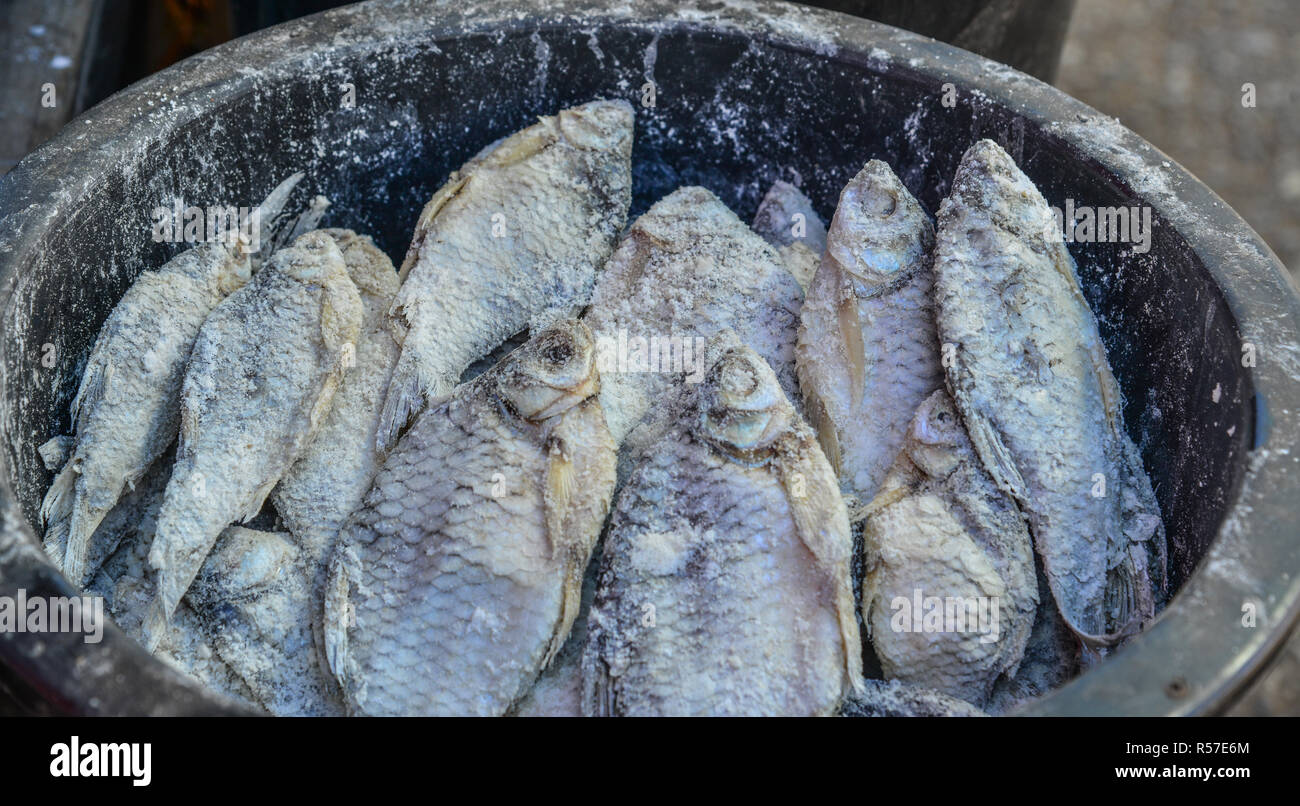 Traditional Asian fish market, stall full of dried seafood in Taunggyi