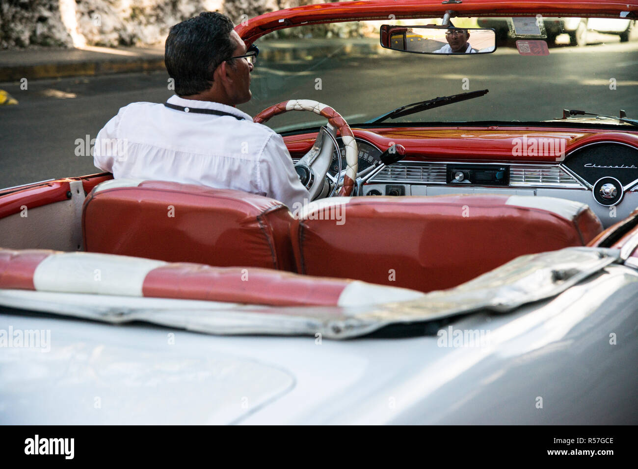 Drive inside 1955 Chevy Bel Air convertible in Havana, Cuba. Stock Photo