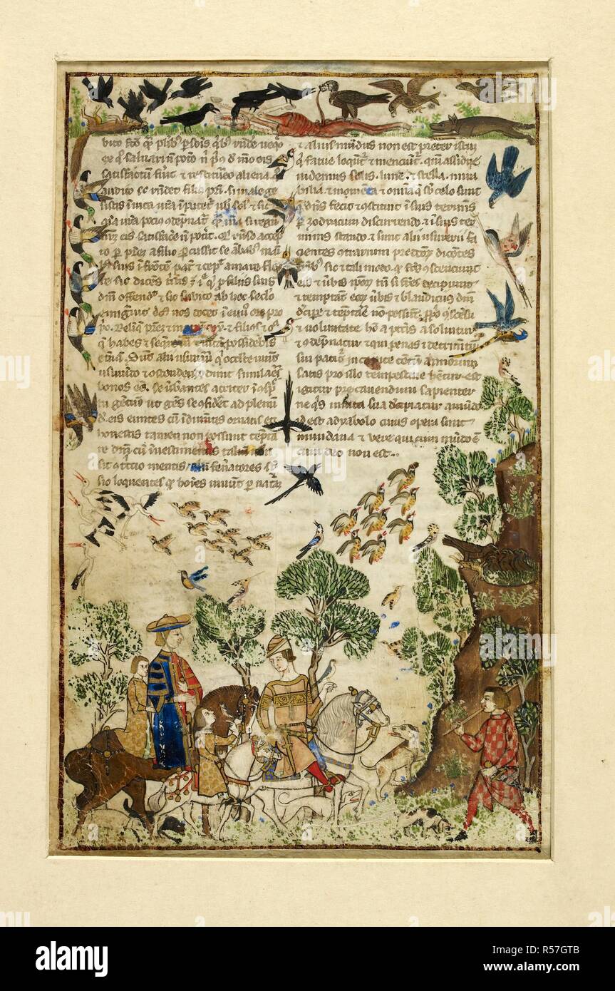 A hunting party, men on horseback with guns and hunting dogs. Birds in the  air. Sport. 2 leaves from a prose treatise on the Seven Vices. Italy, N. W.  (Genoa); c. 1330 -