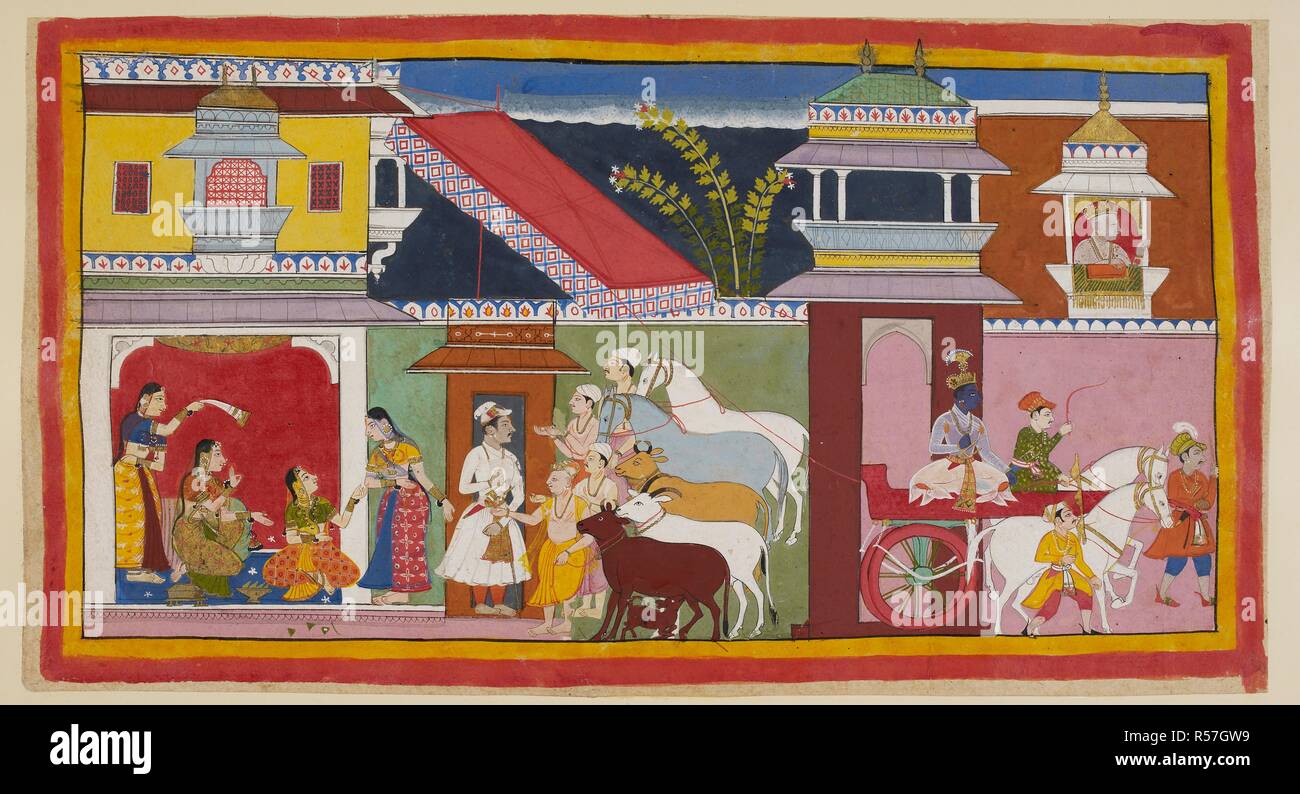 On the right, RÄ ma leaves DaÅ›aratha's palace in a chariot to return ...