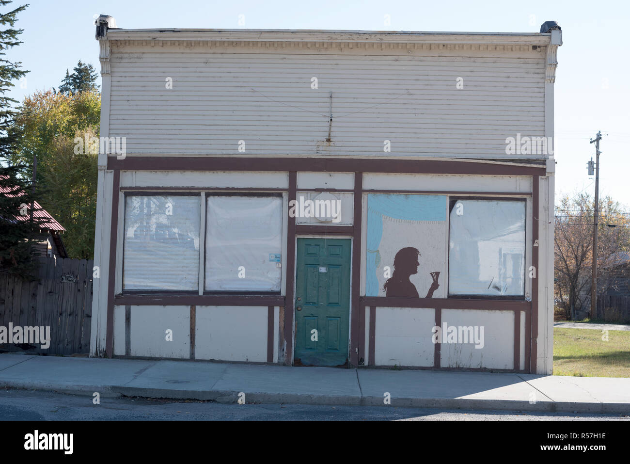 Facade of an old building on the main street of Ione, Washington Stock