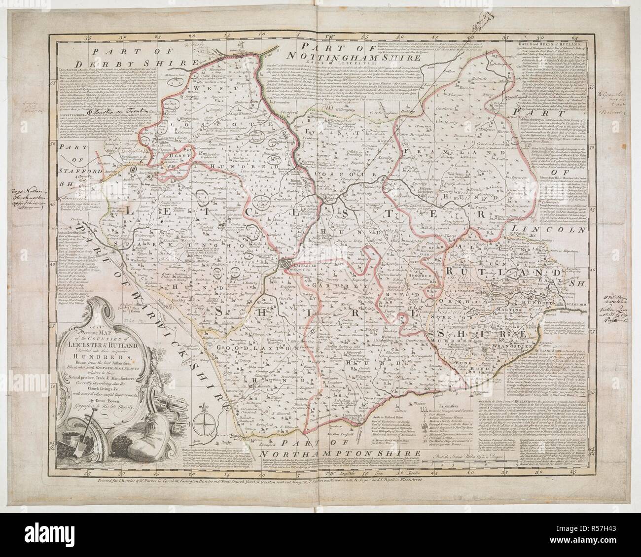 A map of the counties of Leicester and Rutland. An accurate Map of the Counties of Leicester and Rutland ... By E. Bowen. [London], [1775?]. Source: Maps * 3260.(2.). Language: English. Stock Photo