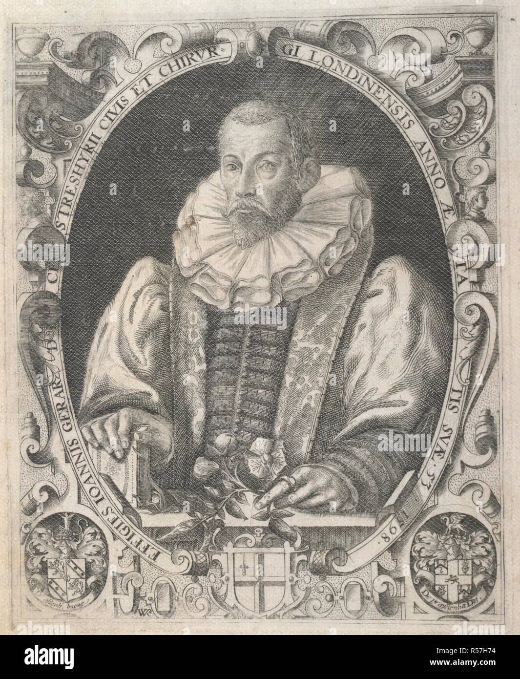 John Gerard (1545-1612). English herbalist. Portrait. The herball or