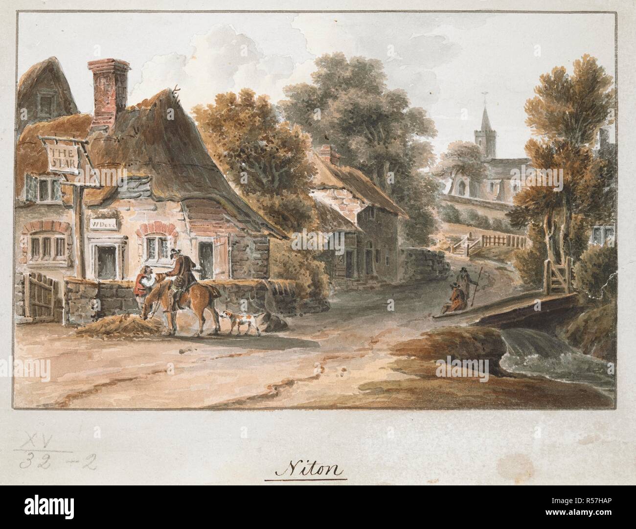 Figures, a horse and a dog in front of an inn called 'The Star'; a bridge and a small waterfall to the right; a dirt road leading to a church in the distance. Niton. c. 1790. Pen and black ink with watercolour. Source: Maps K.Top.15.32.2. Language: English. Author: Hassell, John. Stock Photo