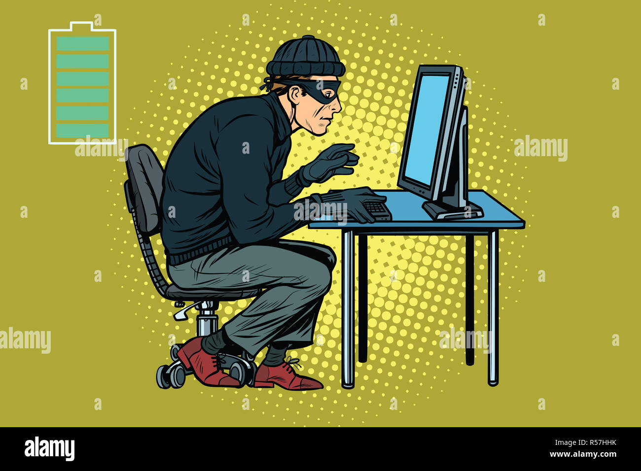 Caucasian hacker thief hacking into a computer Stock Photo