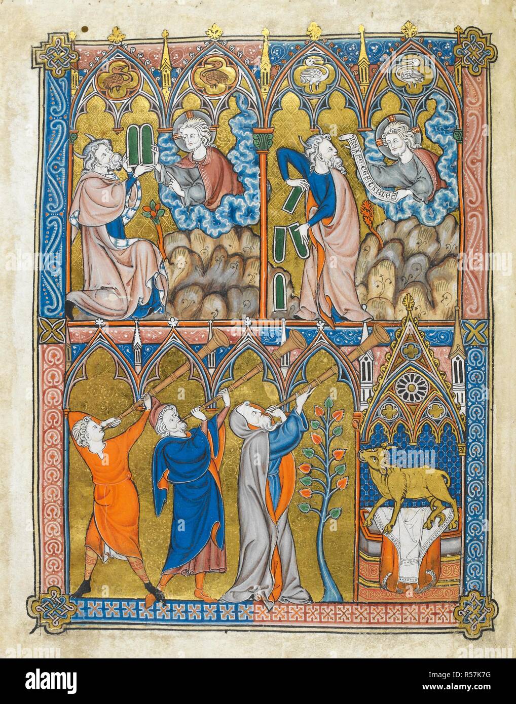 Moses and the commandments.   Above left; Moses receives the commandments from God. Above right, he breaks the tablets, before God who holds a scroll. Below left; three men blowing trumpets. Below right; the golden calf under an elaborate architectural canopy  . La Somme Le Roy. France [Paris or Maubuisson?]; between 1290 and 1300. Source: Add. 28162, f.2v. Language: Latin with French. Author: Laurent, Friar. Stock Photo