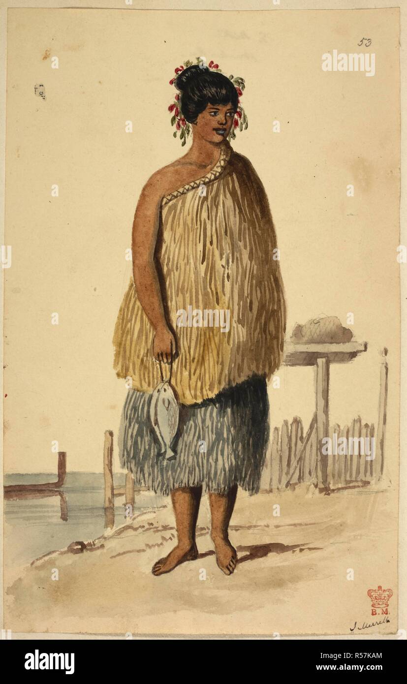 A female Maori carrying two fish. Sketches of scenery, portraits of natives, with representations of ceremonies, costume, etc., in New Zealand, done in sepia, colours, or pencil. 1842-1853. Source: Add. 19953 f.23, plate 53. Author: Sinclair, Alexander. Stock Photo