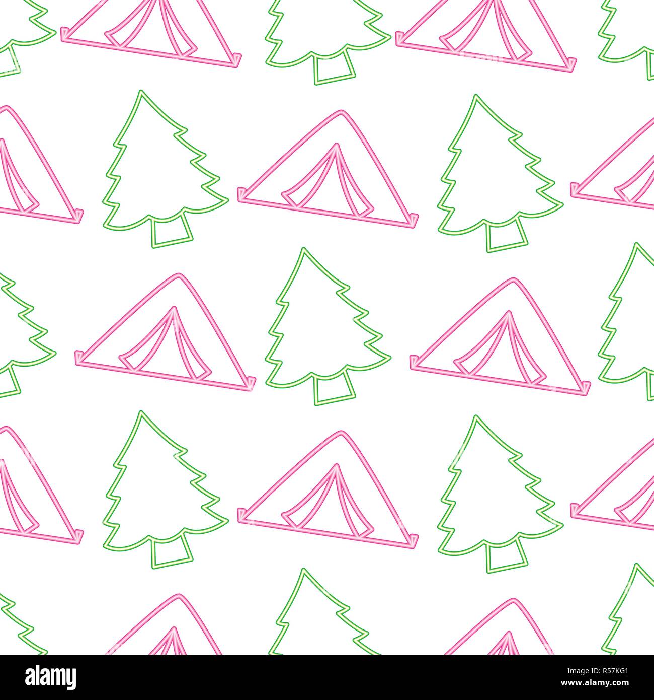 tent and pine tree neon camping pattern vector illustration Stock ...
