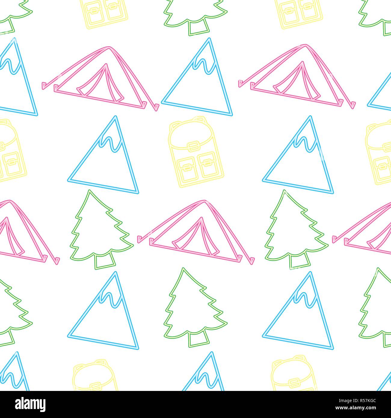 camping tent backpack tree mountain background vector illustration Stock Vector
