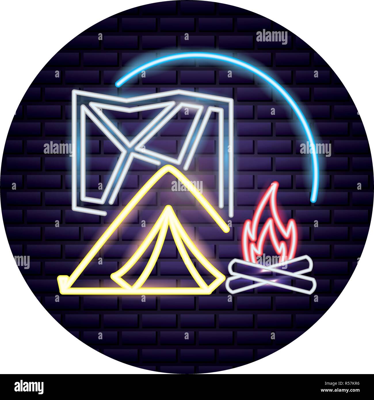tent bonfire and map camping neon vector illustration Stock Vector