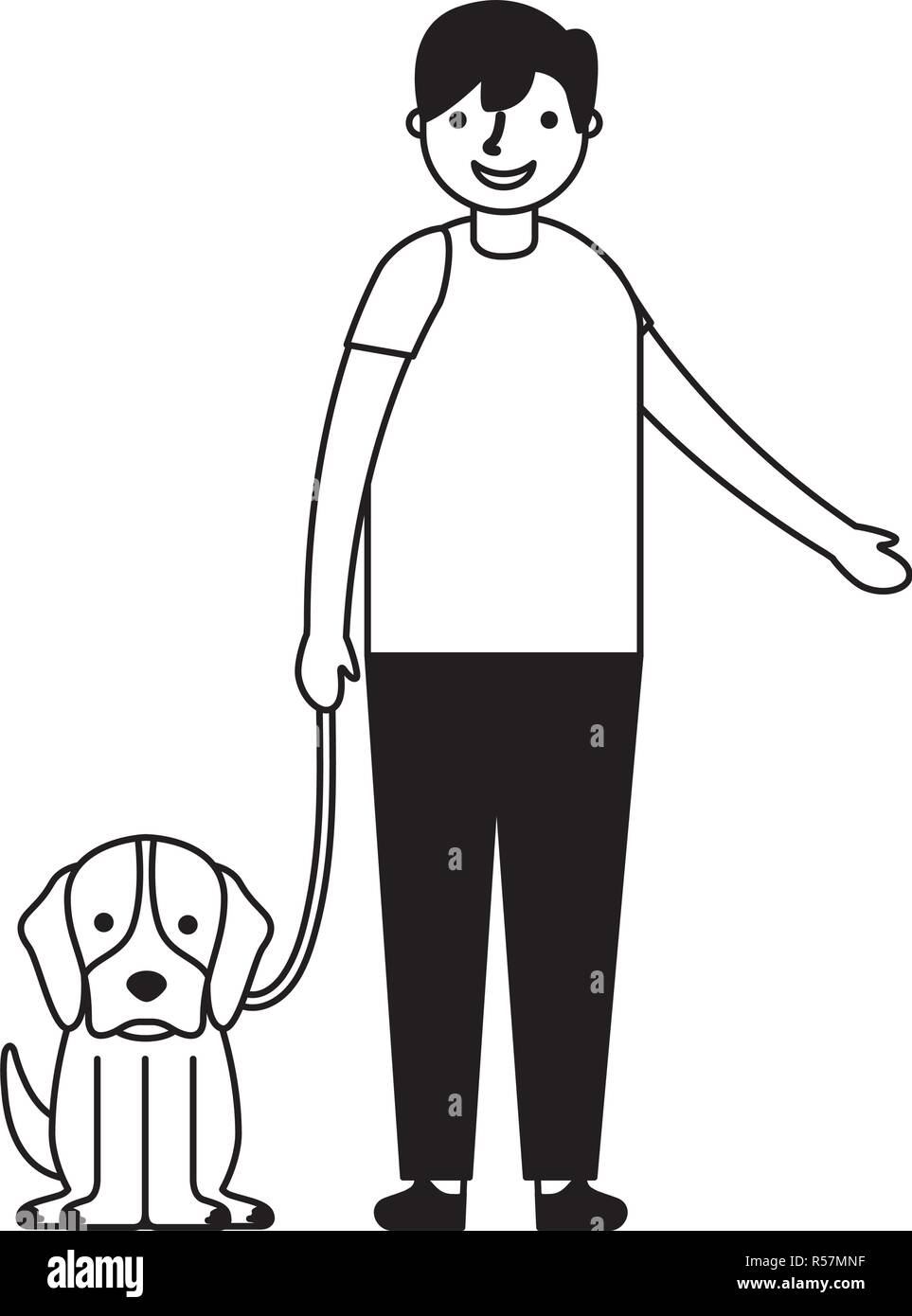 Happy Boy With Her Pet Dog Vector Illustration Monochrome Stock Vector  Image & Art - Alamy