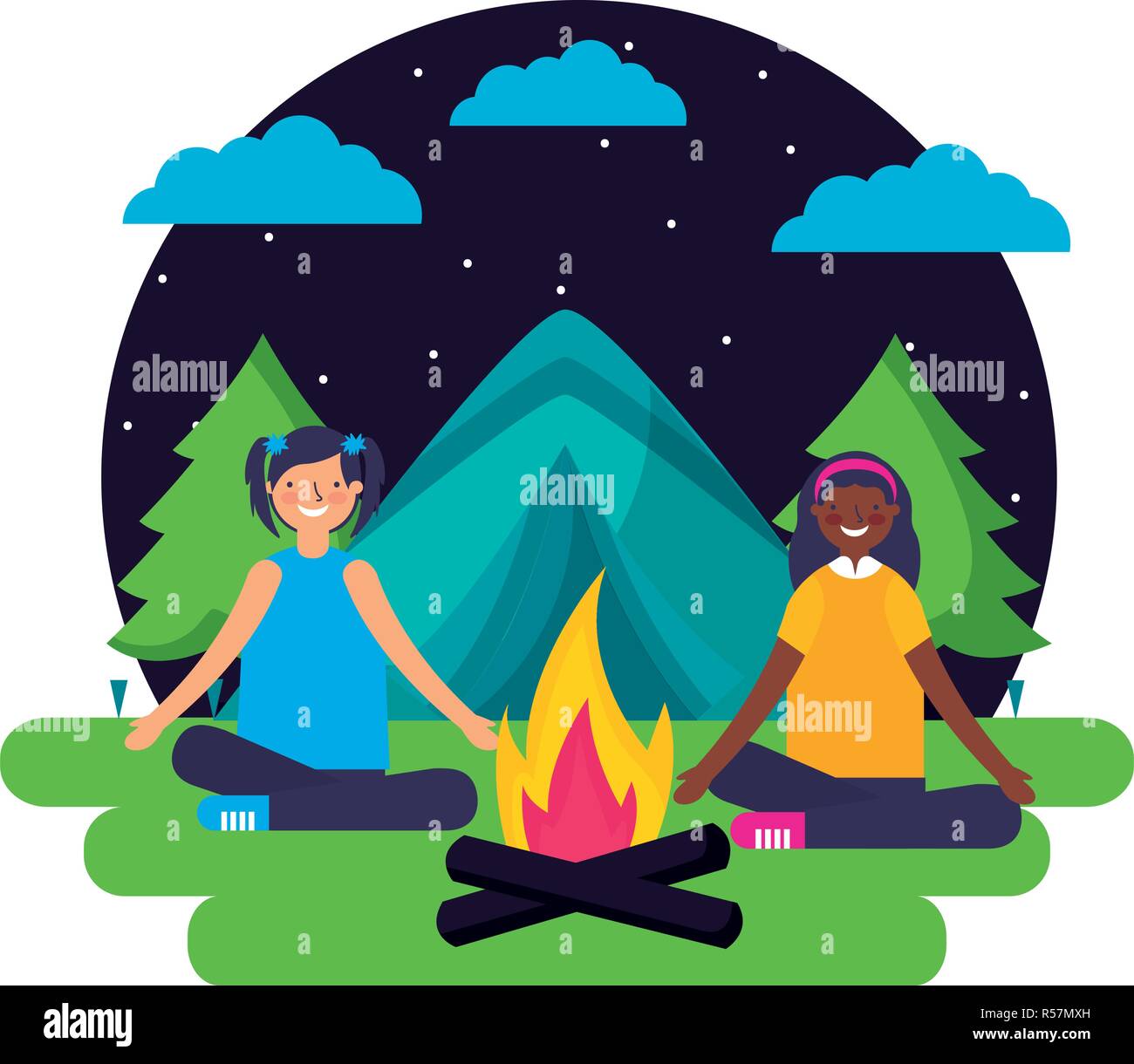 girls tent forest night landscape camping vector illustration Stock ...