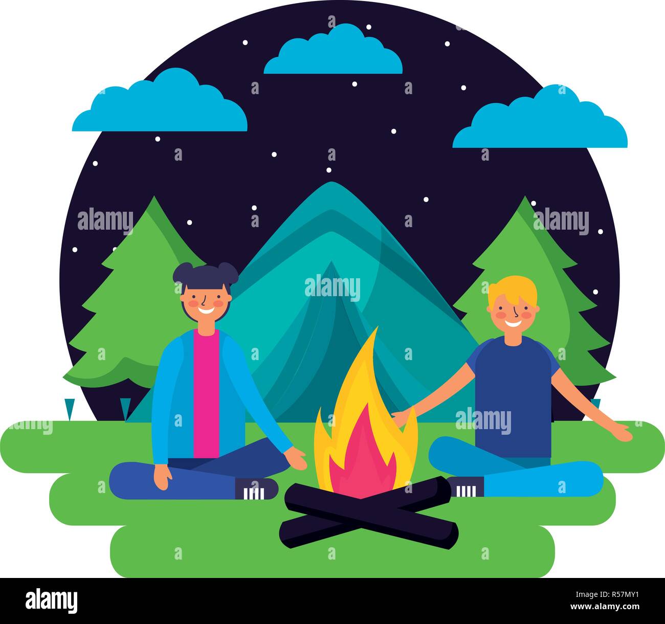 boy and girl tent forest night camping vector illustration Stock Vector ...