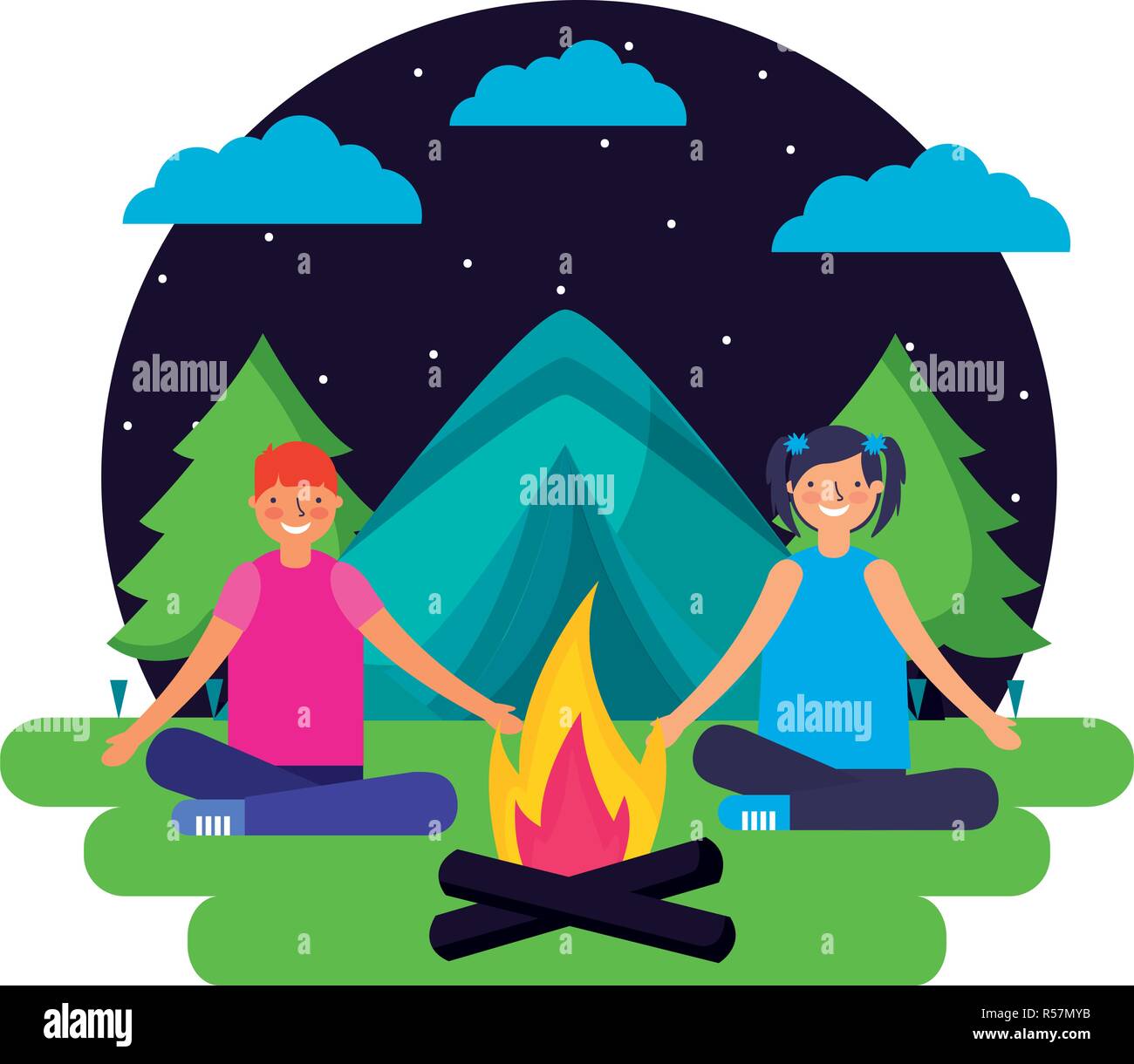 boy and girl tent forest night camping vector illustration Stock Vector ...