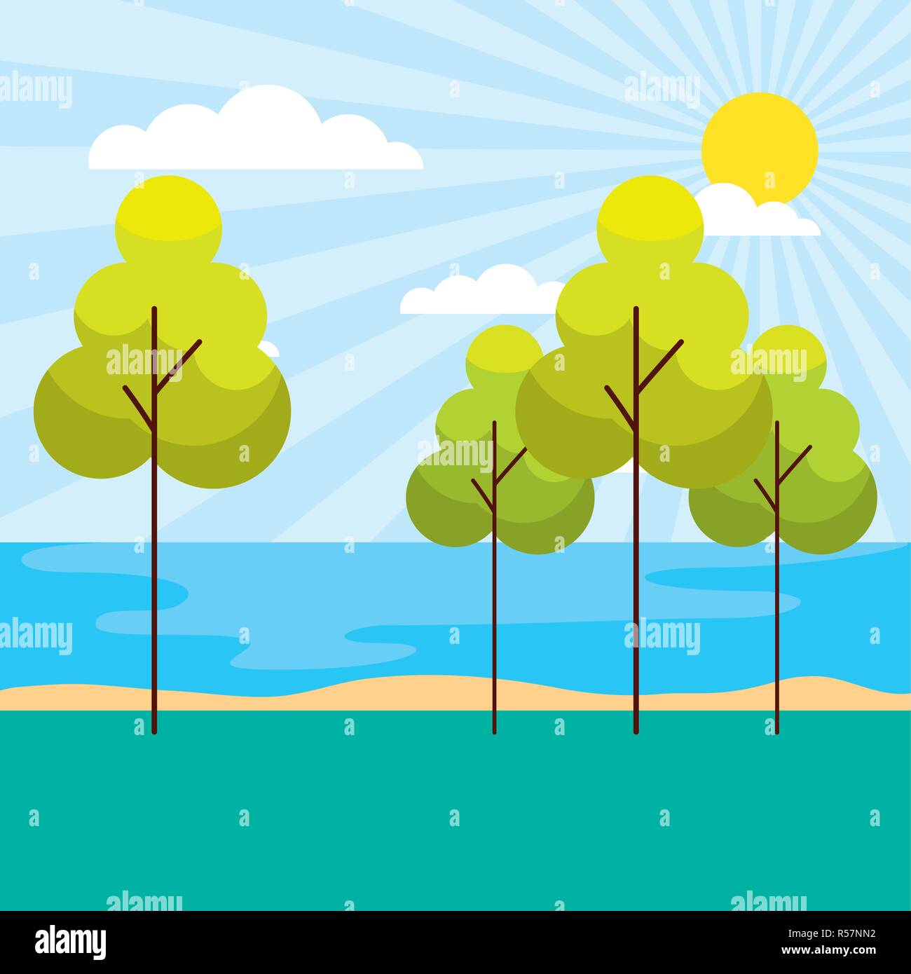 ocean shore trees sunny day scenery vector illustration Stock Vector ...