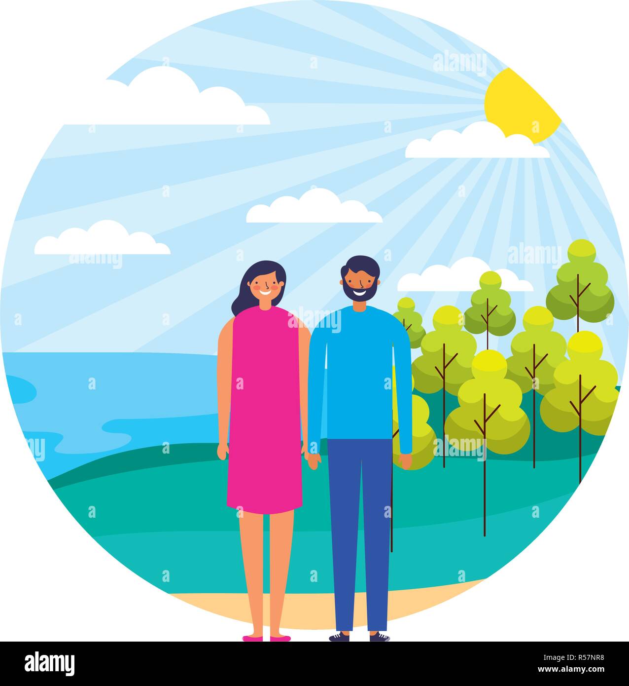 happy couple in the natural landscape vector illustration Stock Vector ...