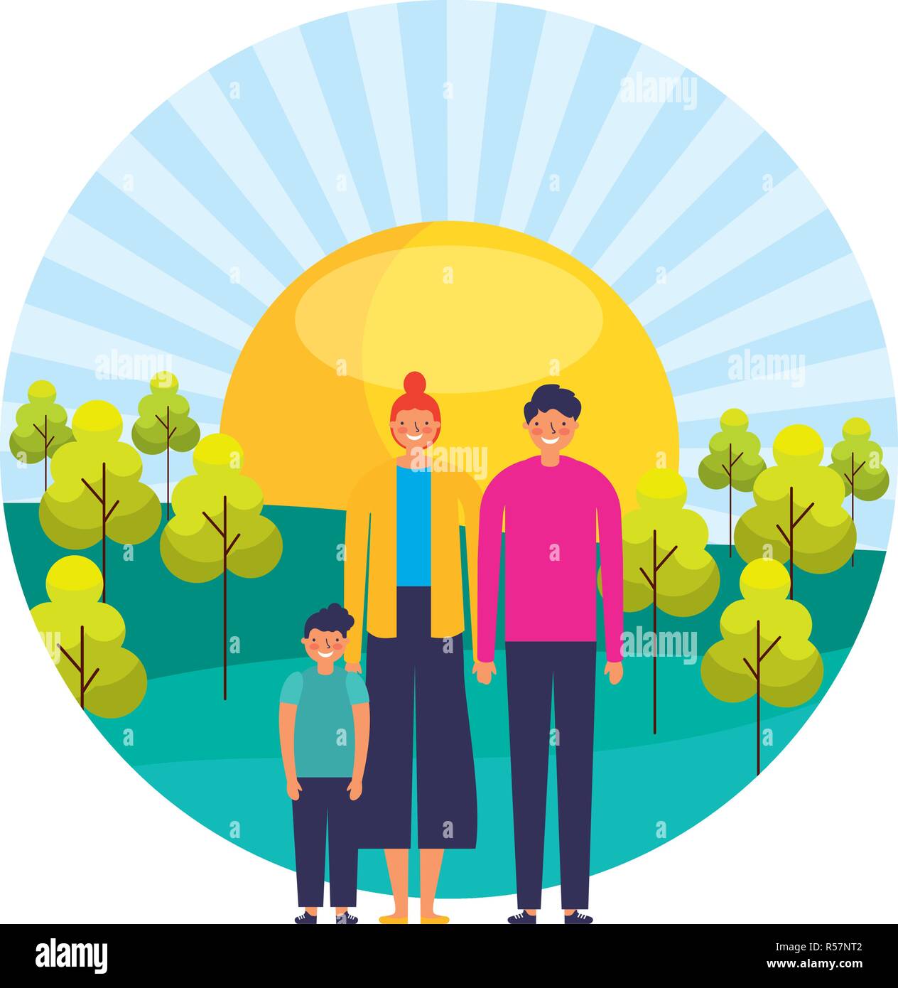 parents and son sunny day trees landscape vector illustration Stock ...