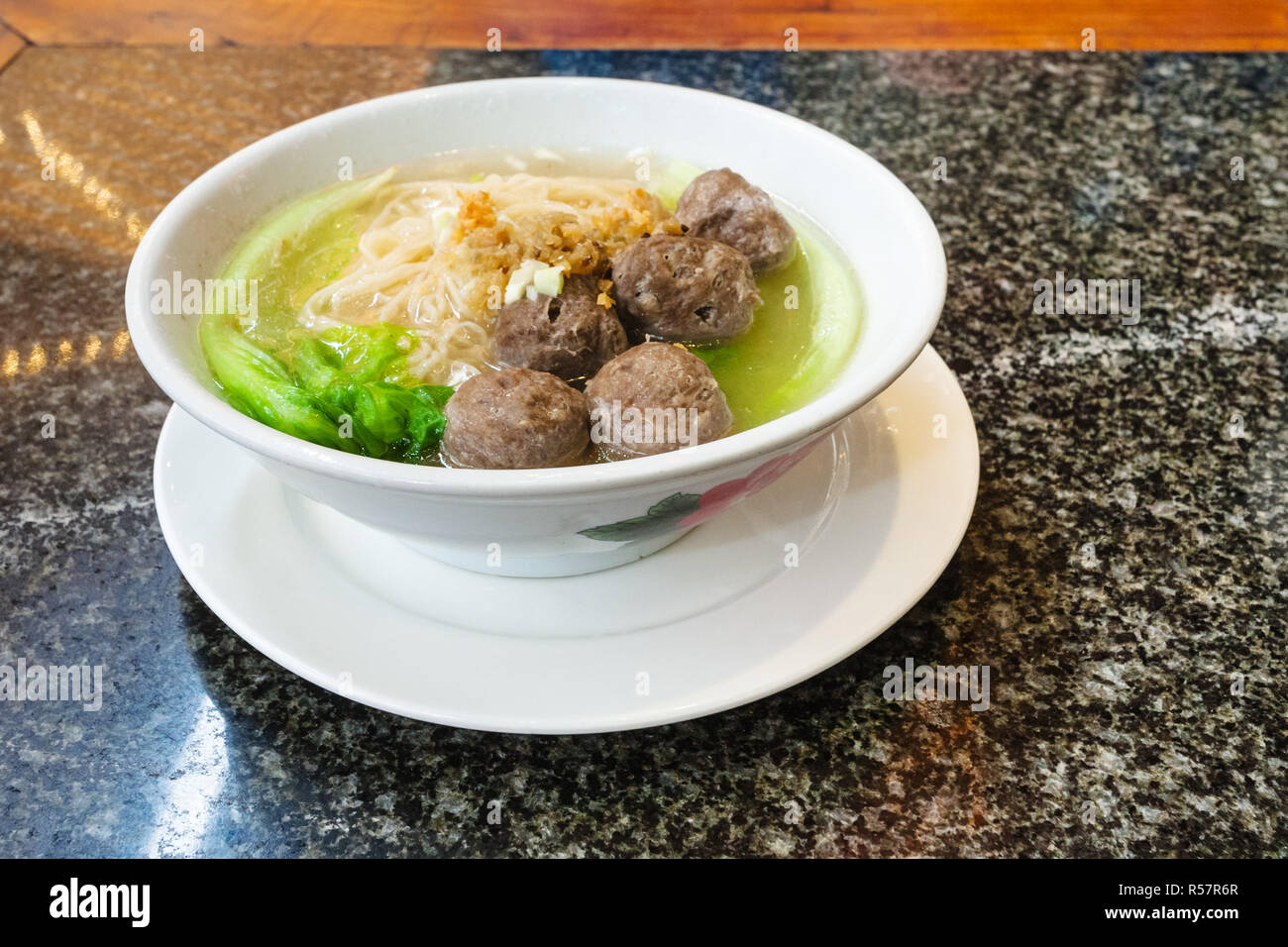 meat balls with noodle soup in chinese cafe Stock Photo