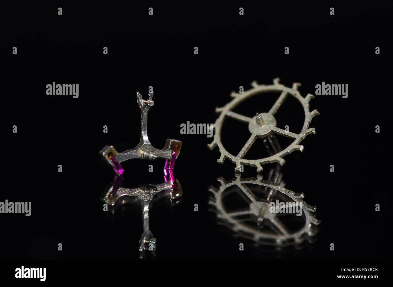 Watch Parts Close Look at Vintage Metallic Pallet Fork and Escape Wheel for Lever Escapement