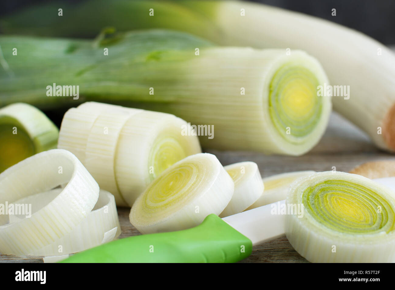 Fresh leeks whole and sliced Stock Photo Alamy