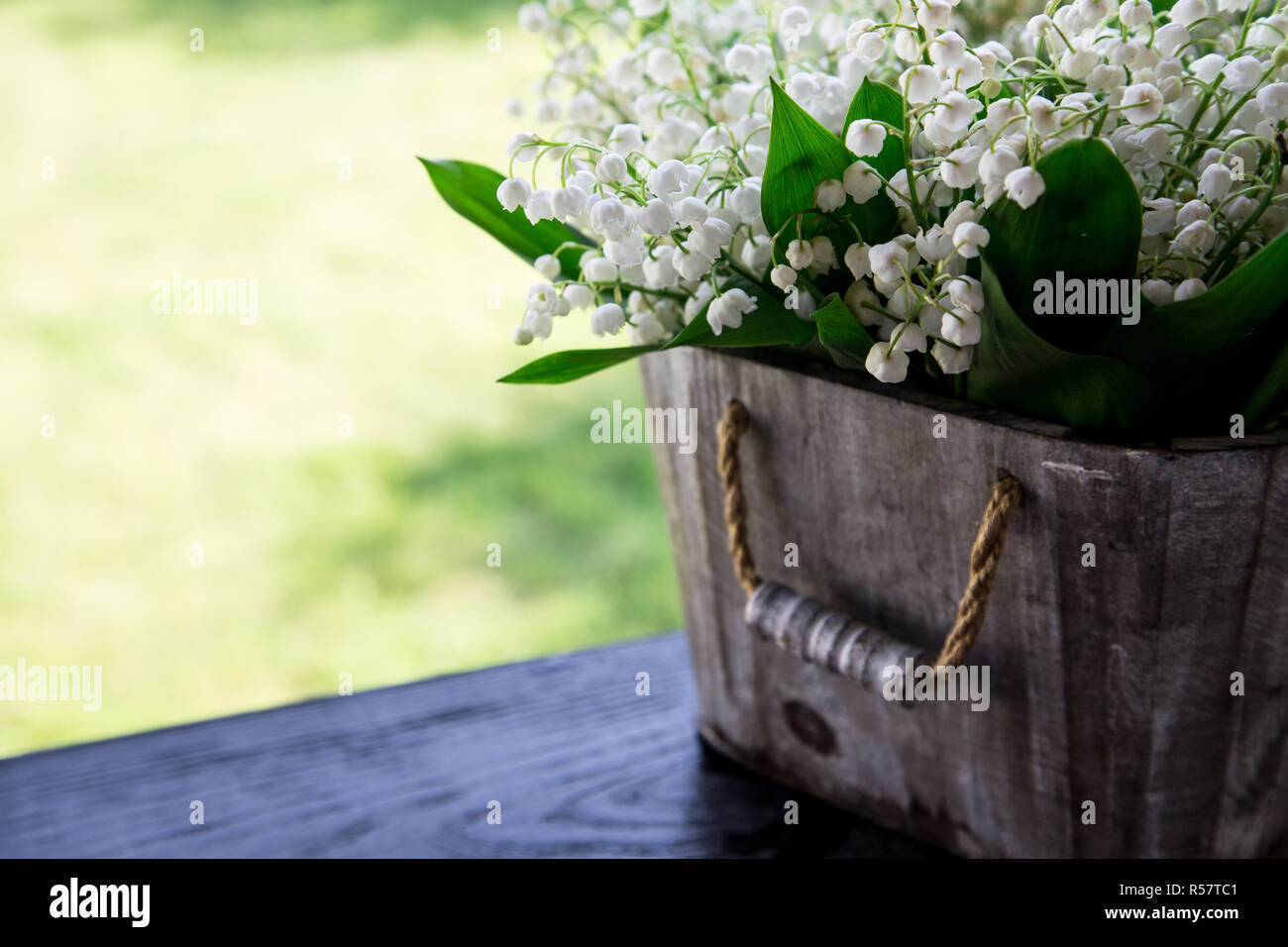Bouquet of lilies of the valley in a basket. floral background with ...