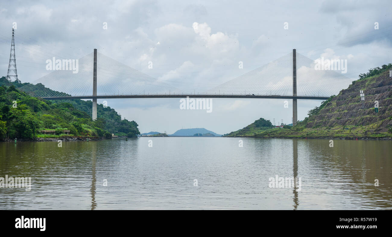 Centennial Bridge, Puente Centenario, over Panama Canal, built to augment the Bridge of the Americas and replace it as Pan- American Highway route. Stock Photo