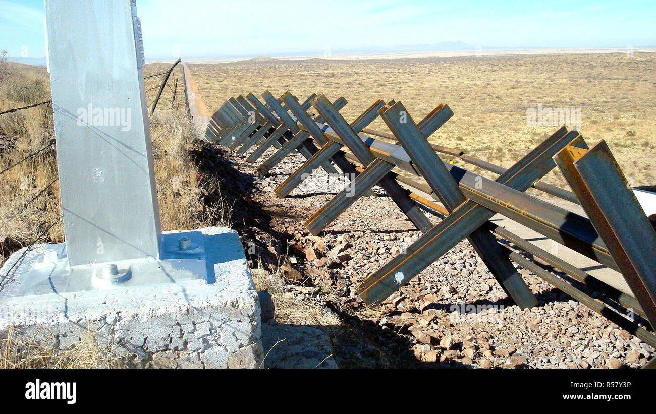 In 2008, DHS constructed 20 miles of vehicle barriers west of the Santa Teresa Port of Entry in New Mexico. Since then, traffic patterns and threats have shifted, creating a need for pedestrian wall in this location. DHS’s FY 2017 Enacted Appropriations provided funding to this 20 mile stretch of vehicle barrier with steel bollard wall. Stock Photo
