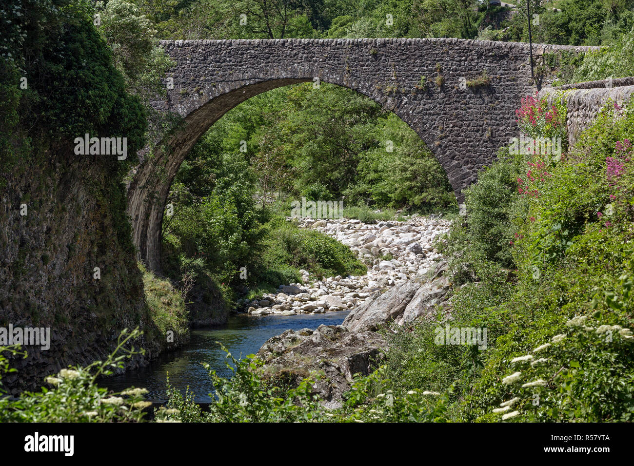 old stone bridge over a river in southern france Stock Photo