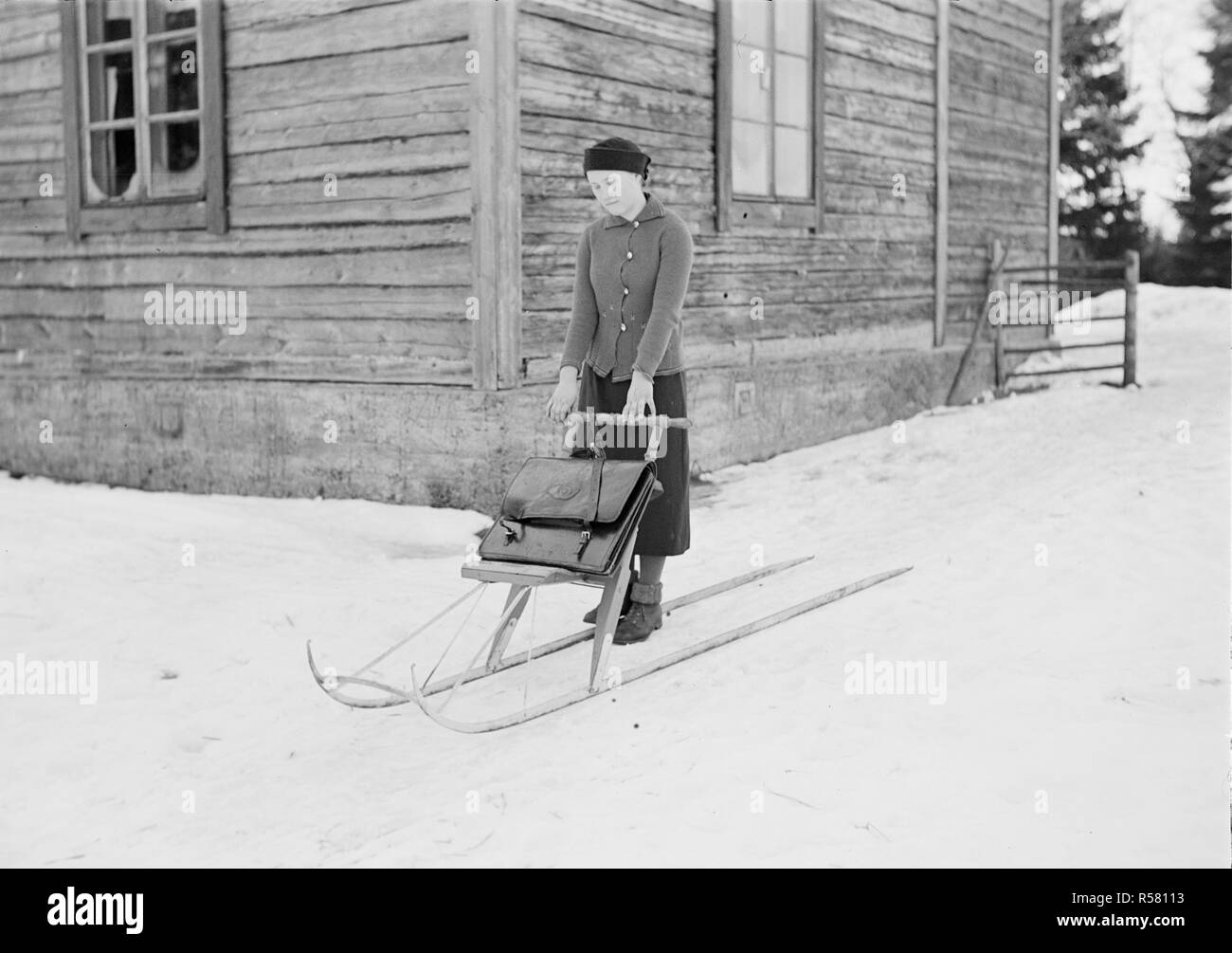 Finland History - A mail carrier on a kicksled. Somero, Varsinais-Suomi, Finland ca. 1930s Stock Photo