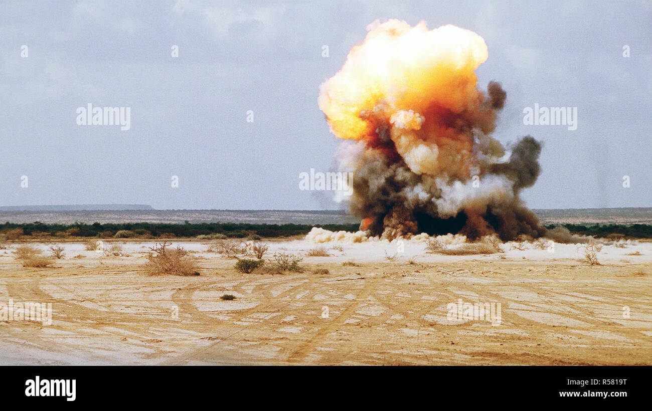 1993 - Thirty pounds of confiscated dynamite is detonated by German soldiers on the outskirts of Belet Weyne, Somalia.  The Germans are of the UN contingent supporting Operation CONTINUE HOPE. Stock Photo