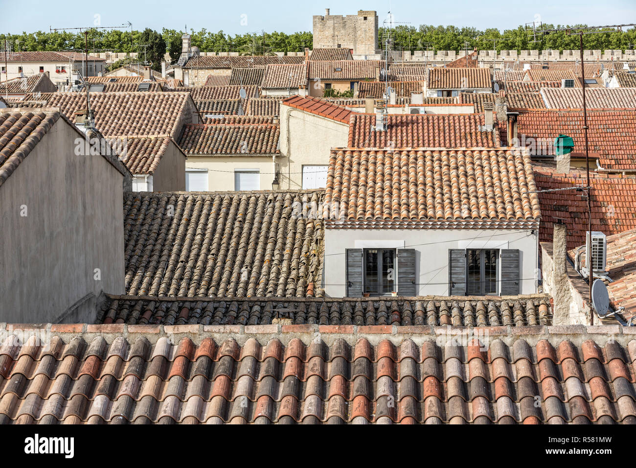 above the roofs of the village of aigues-mortes in the camargue,southern france Stock Photo
