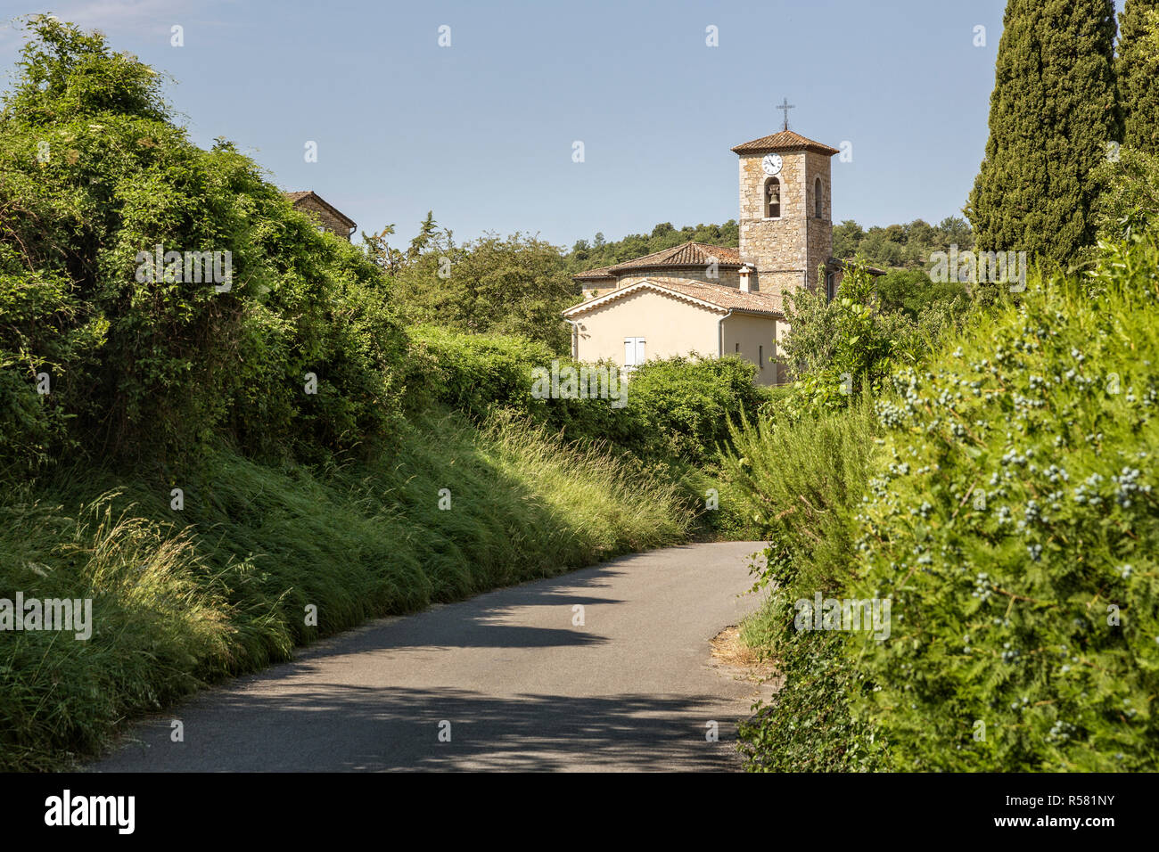 church of the picturesque village rochecolombe in the ardeche,southern france Stock Photo