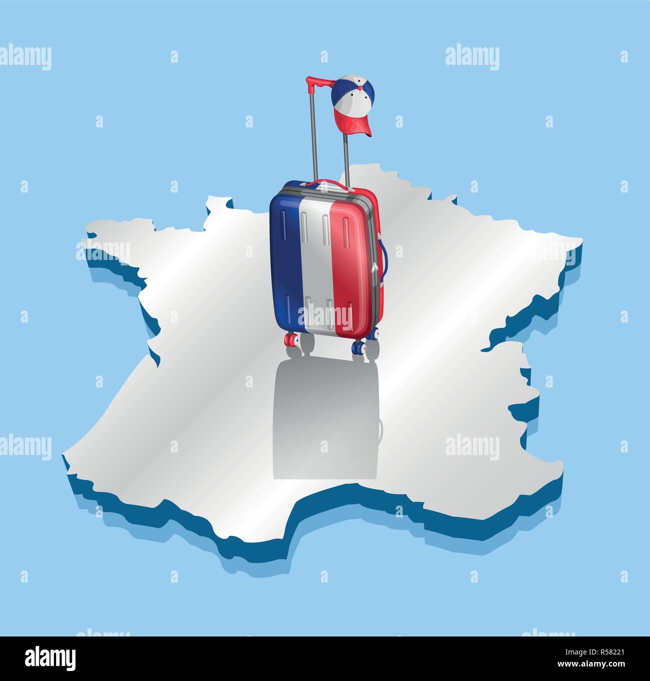 Suitcase like French flag and cap over 3D France map. All the objects