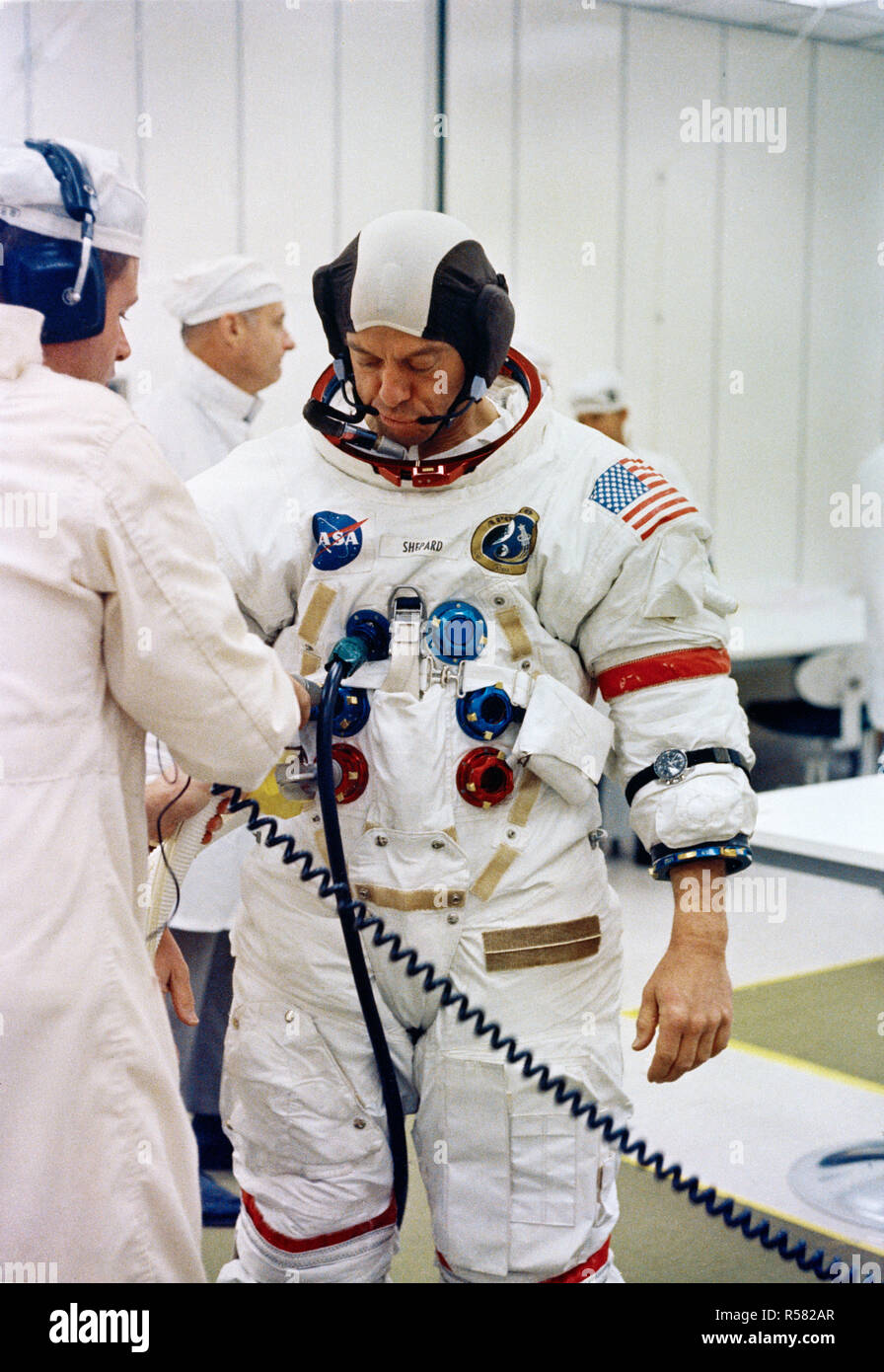 (31 Jan. 1971) --- Astronaut Alan B. Shepard Jr., commander, undergoes suiting up operations at the Kennedy Space Center (KSC) during the Apollo 14 prelaunch countdown. Stock Photo