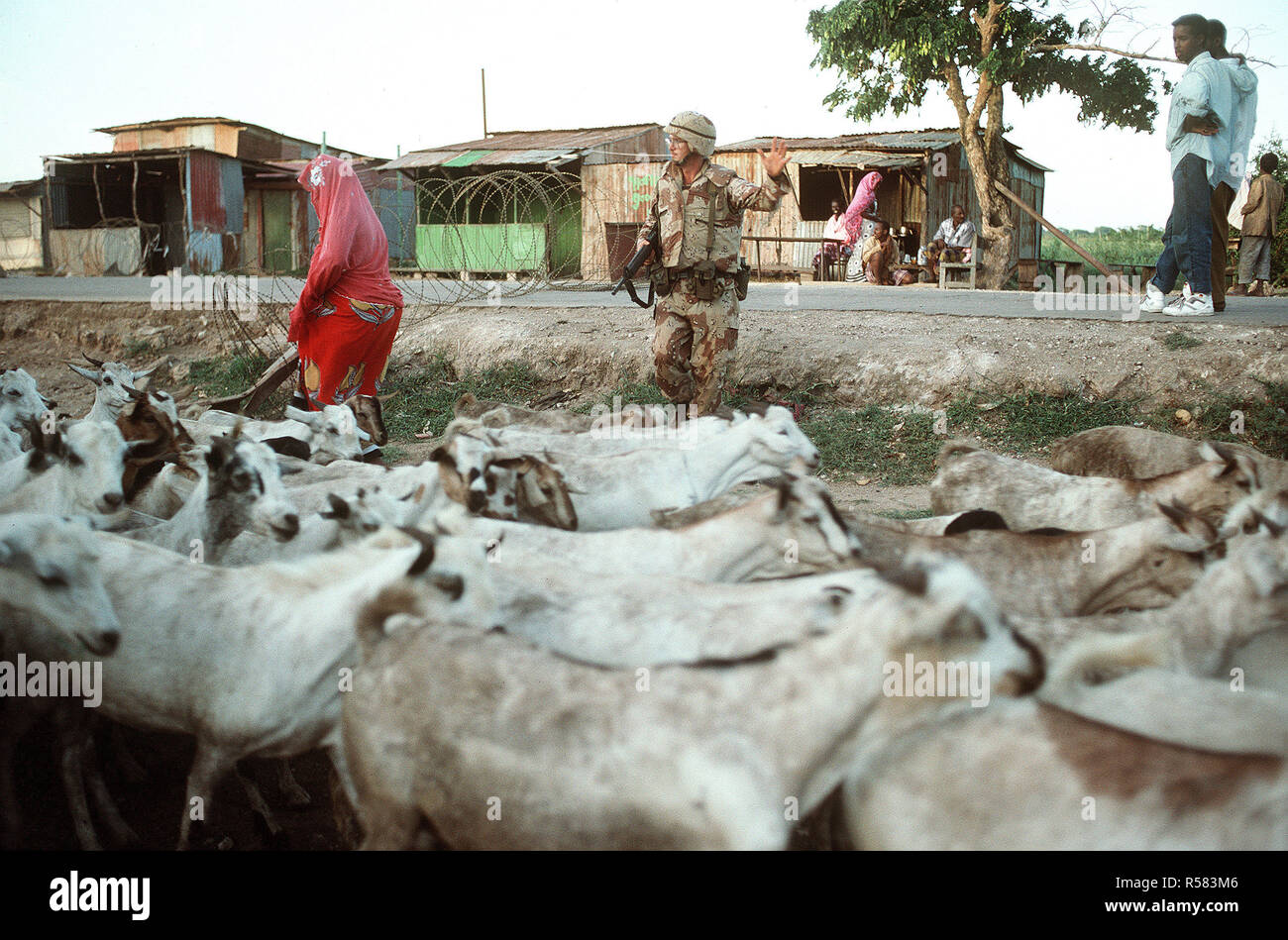 1993 - A Marine waves a Somali shepard through a checkpoint during the multinational relief effort Operation Restore Hope. Stock Photo