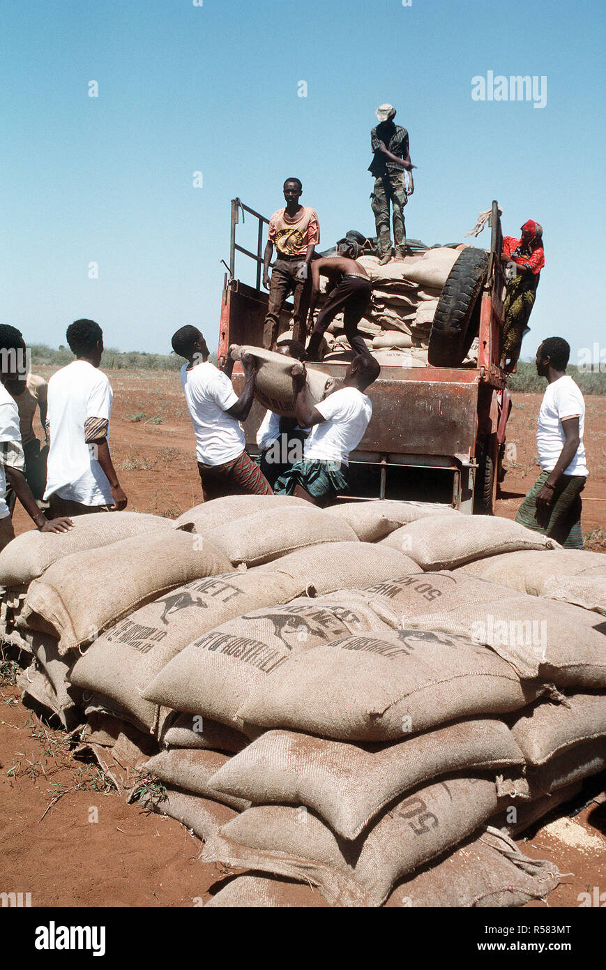 1993 - Men from the village of Maleel stack bags of wheat as a Marine Heavy Helicopter Squadron 363 (HMH-363) CH-53D Sea Stallion helicopter prepaers to drop another load during the multinational relief effort OPERATION RESTORE HOPE. Stock Photo