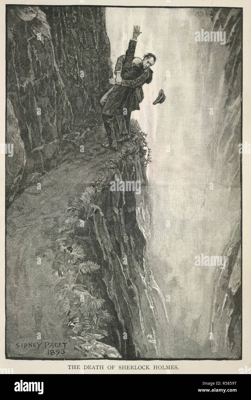 'The death of Sherlock Holmes.' Sherlock Holmes fighting with Professor Moriarty at the Reichenbach Falls in May 1891, where he supposedly fell to his death. ' Illustration for the story, 'the final problem'. The Memoirs of Sherlock Holmes.. G. Newnes: London, 1894 [1893]. Source: 012634.m.16, frontispiece. Language: English. Author: DOYLE, ARTHUR CONAN. Paget, Sydney. Stock Photo