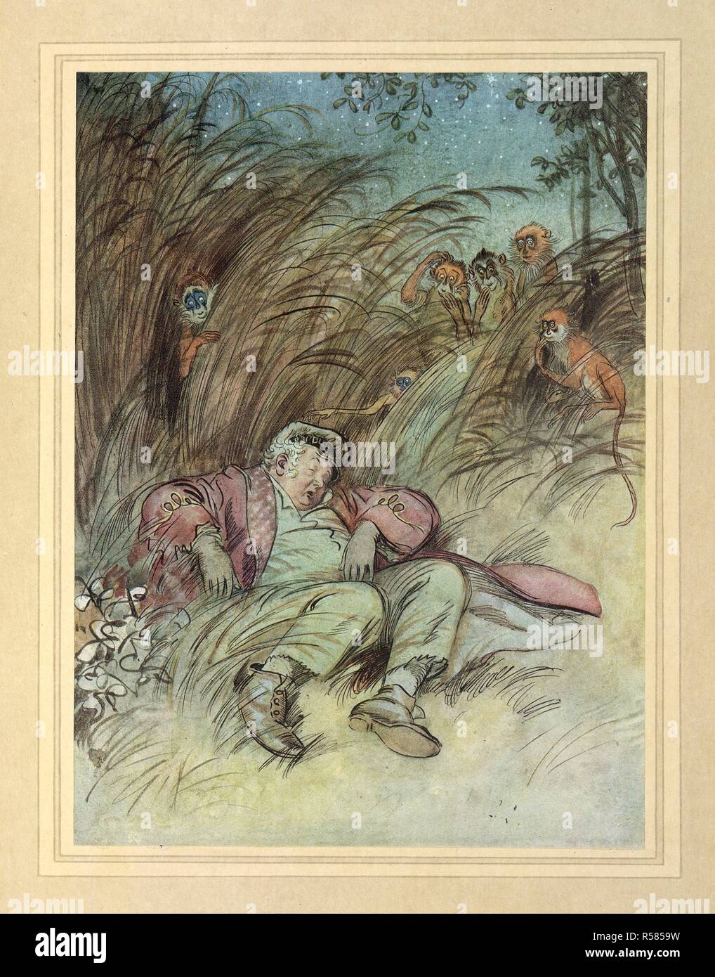 An old man sleeping, watched by monkeys. The Admirable Crichton ... Illustrated by Hugh Thomson. Hodder & Stoughton: London, [1914.]. Source: K.T.C.102.b.3, page 96. Language: English. Stock Photo