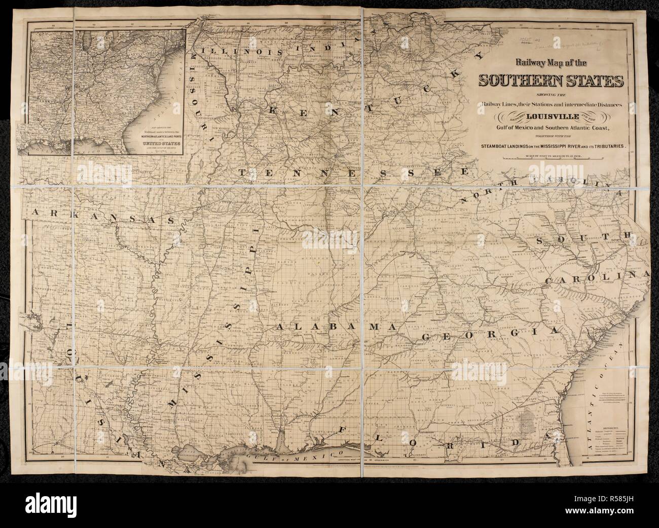 A railway map of the Southern States of North America. Railway Map of the Southern States, showing the Railway Lines, their Stations and intermediate distances between Louisville and the Gulf of Mexico and Southern Atlantic Coast, etc. Scale of miles, 20 to one inch. New York, 1867. Source: Maps 71495.(112.). Language: English. Stock Photo