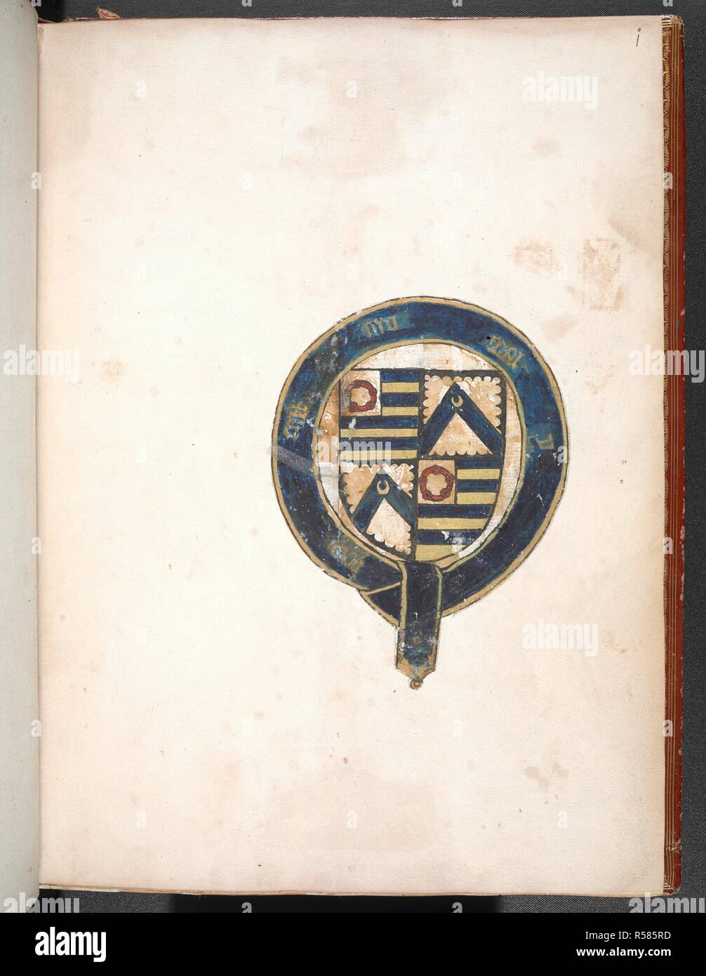 Coat of arms of Sir Thomas Holme. Sir Thomas Holme's Book of Arms: anonymous verses on the kings of England ... (Folios 1 to 8v). England, S. E. (probably London); c. 1445-c. 1450. Numerous coloured drawings of English kings in armour and tabard, presenting a plaque with verses. Source: Harley 4205 f.i. Language: English. Gothic cursive. Stock Photo