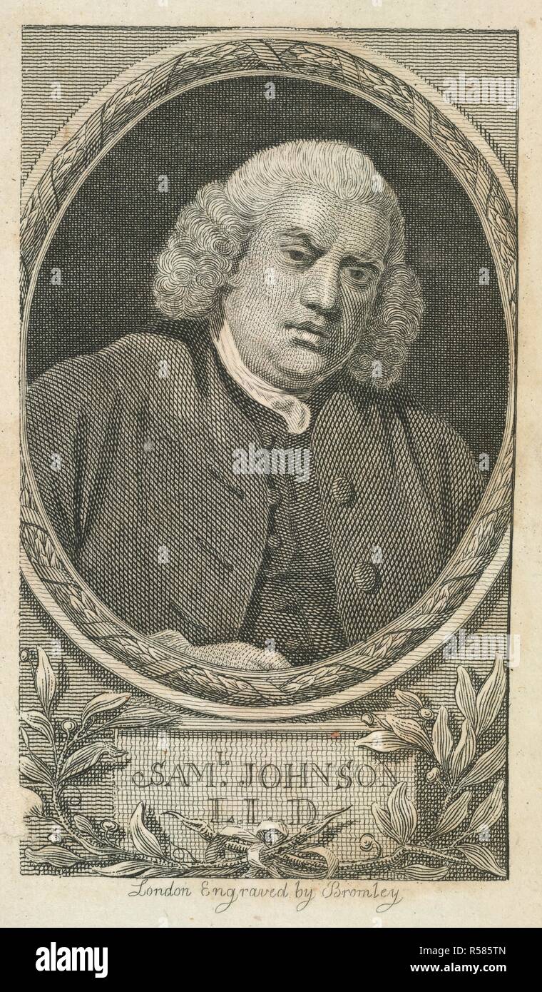 Samuel Johnson. Johnson's Dictionary of the English Language in mi. Printed under the inspection of the Literary Assoc. Samuel Johnson, known as Dr. Johnson (1709-1784). English writer, critic, lexicographer and conversationalist. Portrait.  Image taken from Johnson's Dictionary of the English Language in miniature. To which are added, an alphabetical account of the heathen deities; and a list of the cities, boroughs, and market towns in England and Wales. Embellished with a portrait of Dr. Johnson. [Compiled by Joseph Hamilton.].  Originally published/produced in Printed under the inspection  Stock Photo