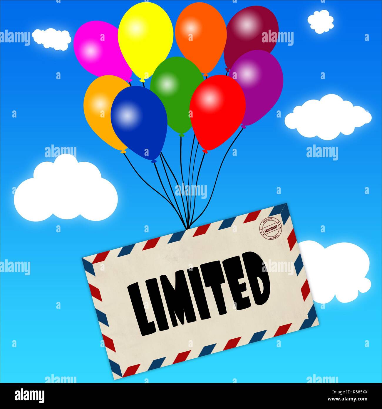 Envelope with LIMITED message attached to multicoloured balloons on blue sky and clouds background. Stock Photo