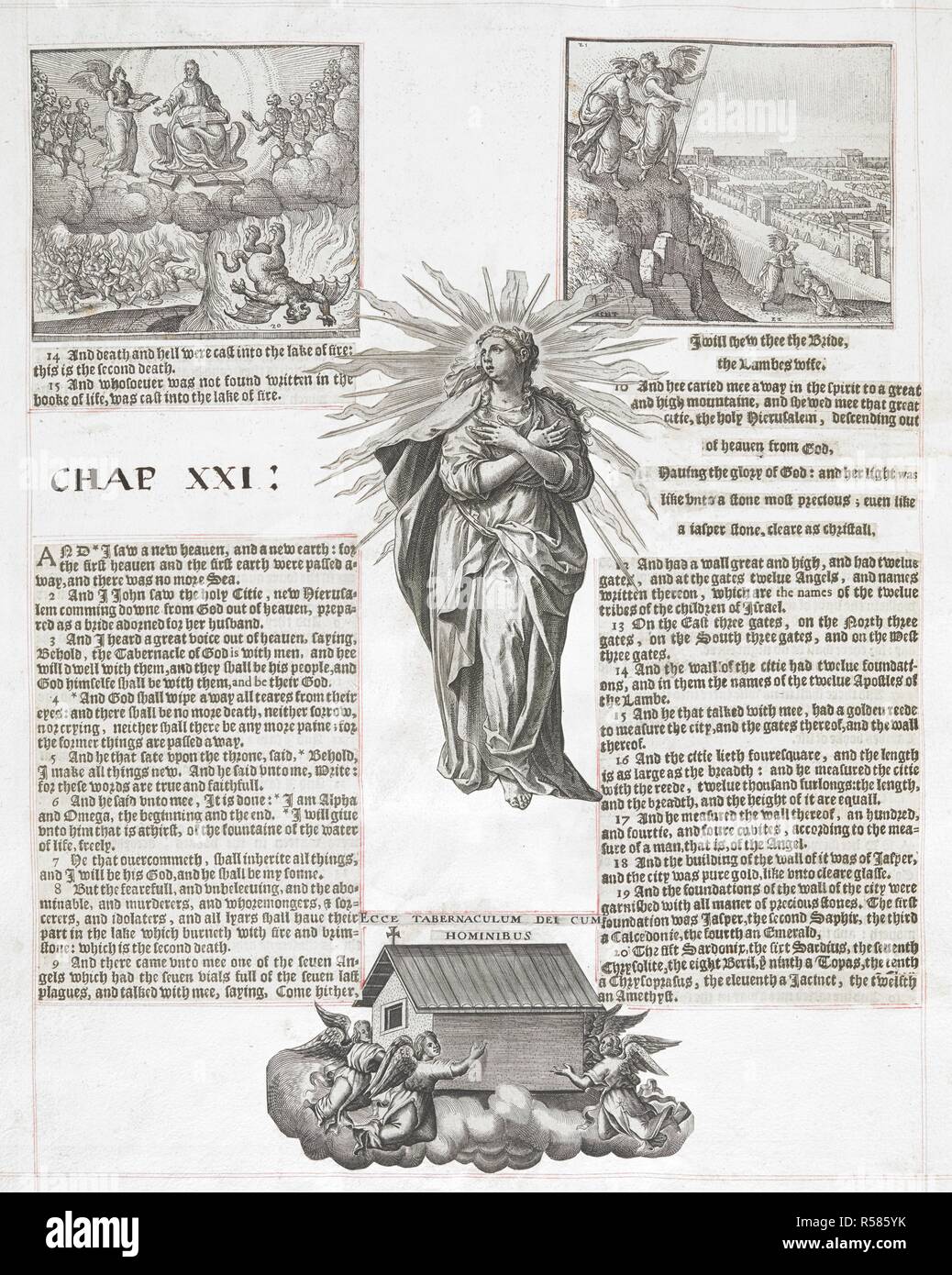Scenes from the book of revelations. Acta Apostolorum elegantiss. monochromatis delineata. (The Revelation of S. John the Divine.) [Compiled by N. Ferrar and his family.]. [Little Gidding, 1635?]. Source: C.23.e.3 page from chapter XXI. Stock Photo