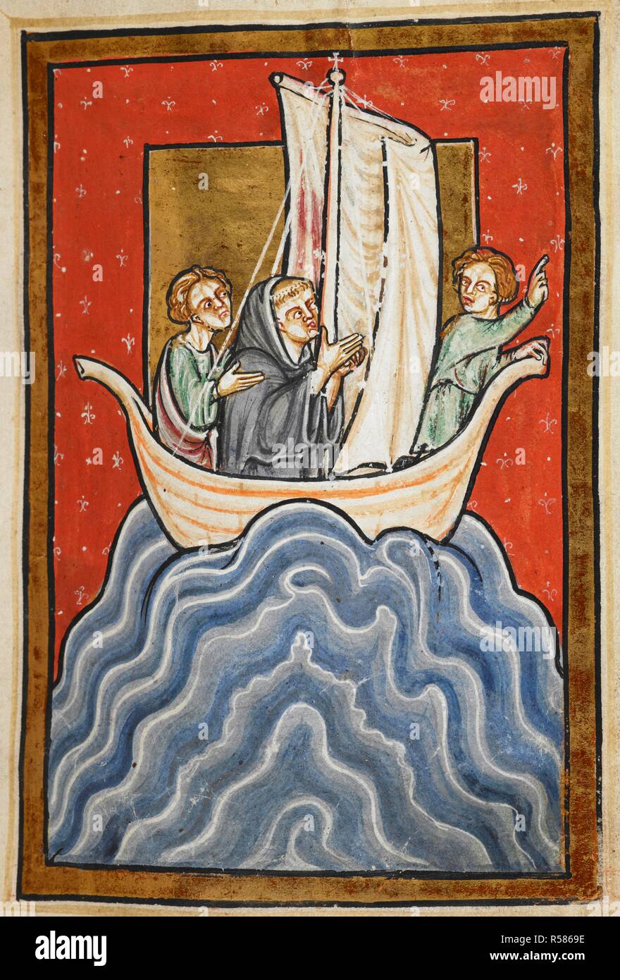 St. Cuthbert and two of the brethren sail to the land of the Picts. Prose Life of St. Cuthbert; extracts from the Historia Ecclesiastica (History of the English Church and People). Durham; last quarter of 12th century. Source: Yates Thompson 26, f.26. Language: Latin. Author: Bede. Stock Photo