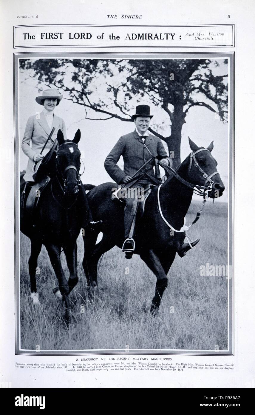 Mr and Mrs Winston Churchill. The Sphere. London, October 4, 1913. The first Lord of the Admiralty: and Mrs Winston Churchill'. 'A snapshot at the recent military manoeuvres'. Mr and Mrs Winston Churchill on horseback.  Image taken from The Sphere.  Originally published/produced in London, October 4, 1913. . Source: Colindale, 5. Language: English. Stock Photo