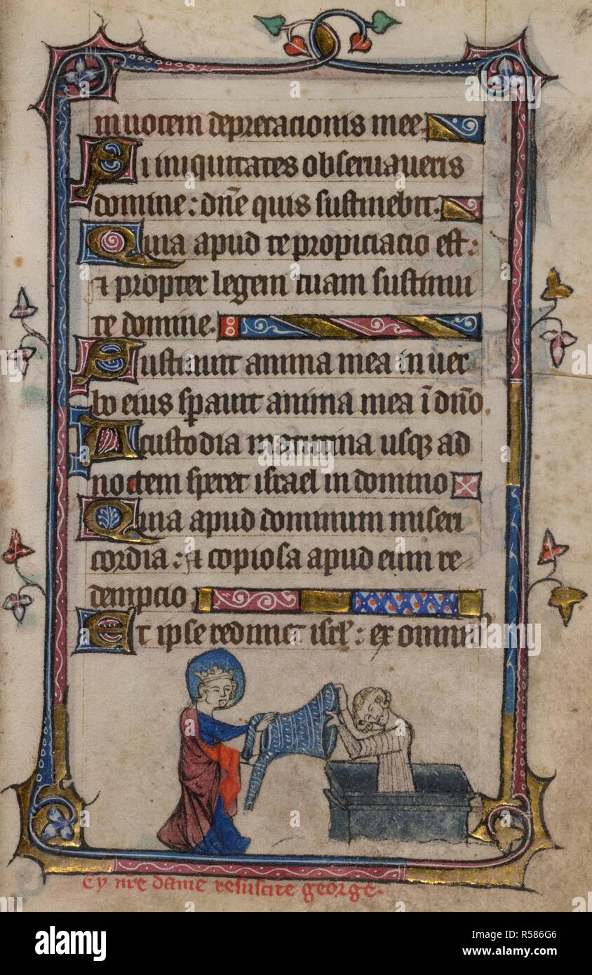 Bas-de-page scene of St. George standing in a marble tomb, being handed a mail shirt by the Virgin Mary, with a caption reading, â€˜Cy n[ost]re dame resuscite georgeâ€™ . Book of Hours, Use of Sarum ('The Taymouth Hours'). England, S. E.? (London?); 2nd quarter of the 14th century. Source: Yates Thompson 13, f.154. Language: Latin and French. Stock Photo