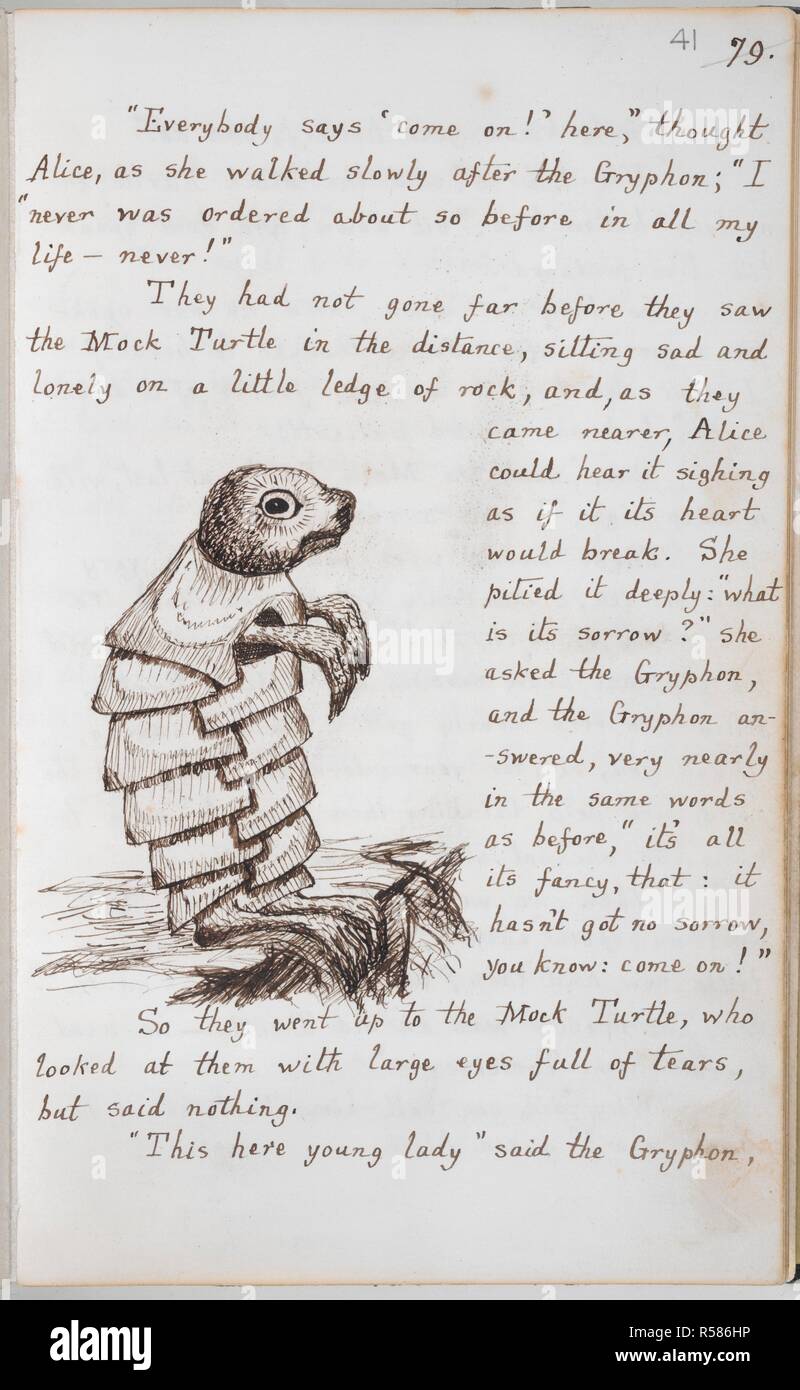The Mock Turtle Alice S Adventures Under Ground In Wonderland England Oxford 1862 1864 Whole Folio Text And Drawing From Chapter Iv Alice And The Gryphon Encounter The Mock Turtle Sitting Sad And Lonely
