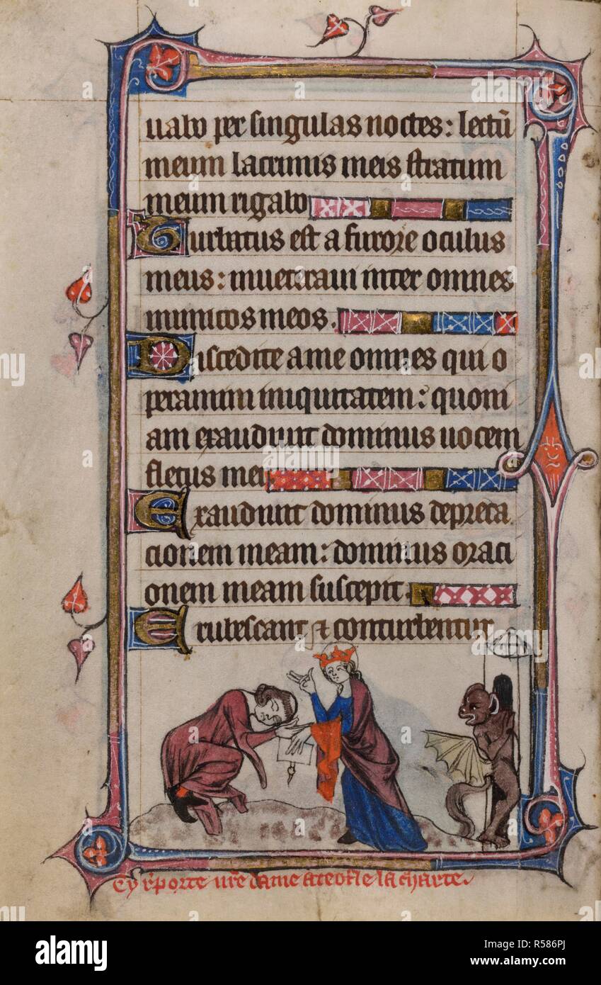 Bas-de-page scene of the Virgin Mary returning the charter to Theophilus, who bows before her in gratitude while the devil flees through a nearby gate, with a caption reading, â€˜Cy r[e]porte n[ost]re dame a teofle la chartreâ€™ . Book of Hours, Use of Sarum ('The Taymouth Hours'). England, S. E.? (London?); 2nd quarter of the 14th century. Source: Yates Thompson 13, f.160v. Language: Latin and French. Stock Photo